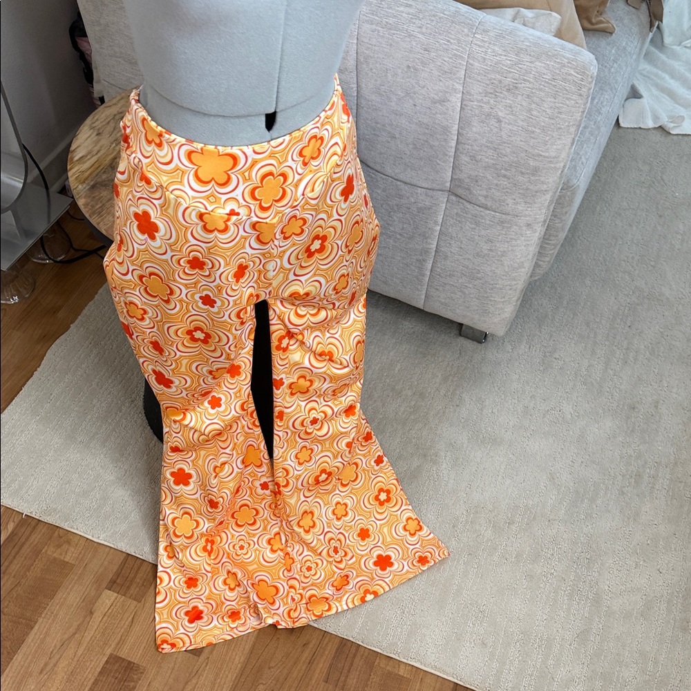 70s Retro Floral Flare Pants Bell Bottom Disco Hippie Festival Rave Costume M